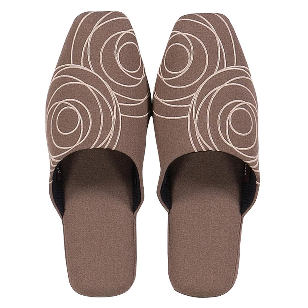 Senko M+home Genesee Slippers, Approx. 26cm, Brown, Modern, Rose Embroidery, Washable, Perfect for Guests, 64052