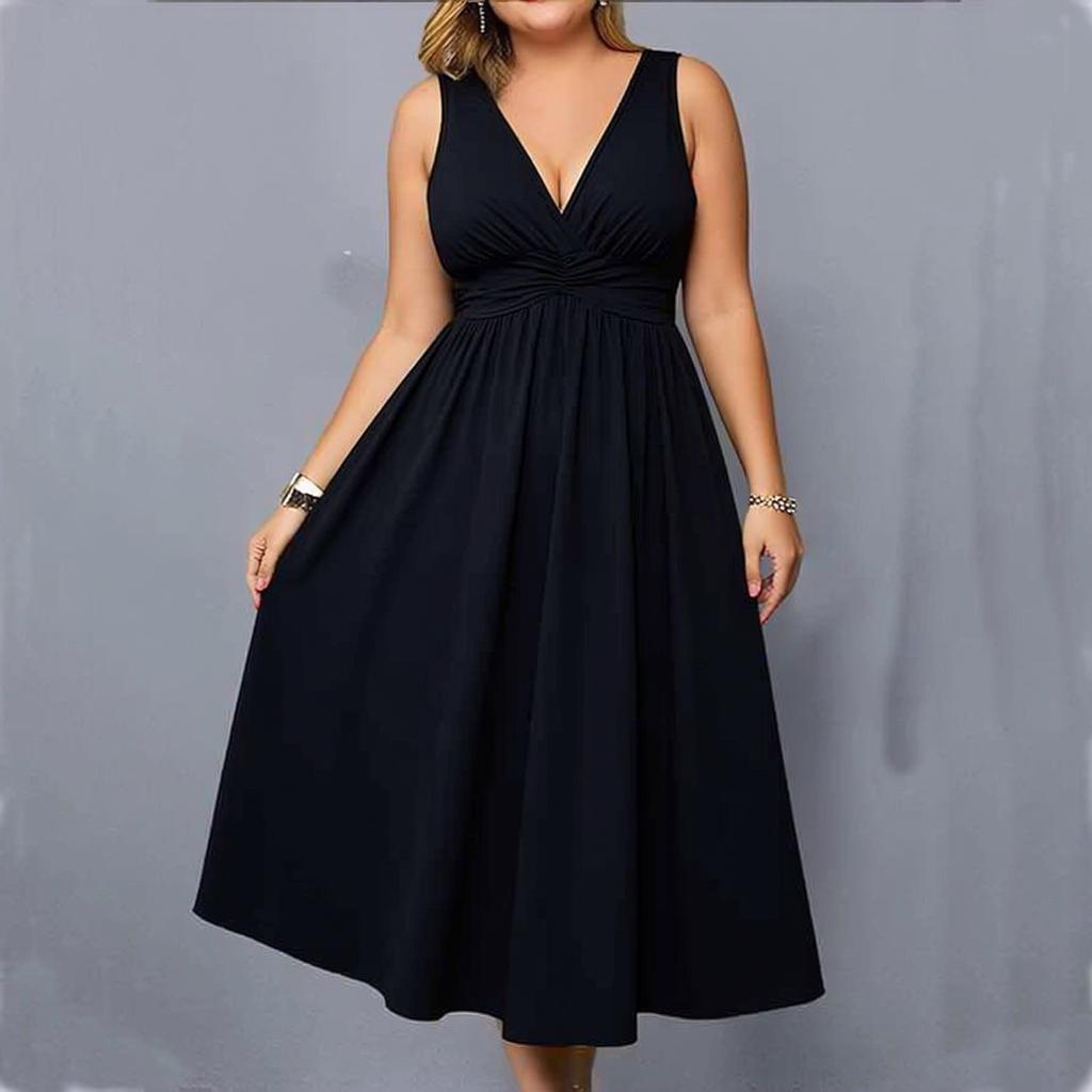 Women's Sleeveless V Neck A Line Dress with Waist Cinch Midi Length Casual Summer Dress
