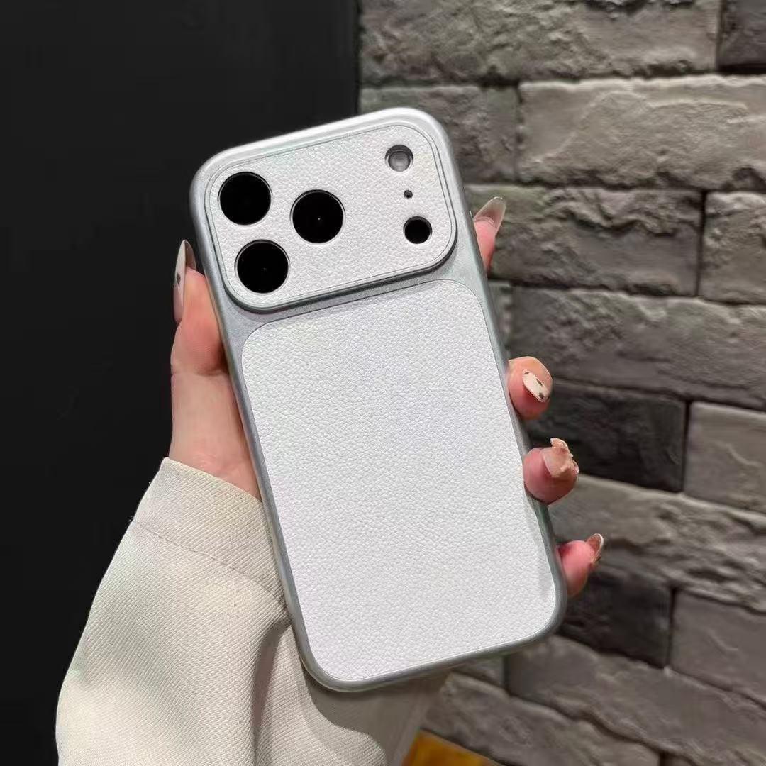 

Leather Grain Silver Frame Large Window Phone Case for iPhone 17, Apple 16, Full Coverage, Drop-Proof Protective Case, 15 & 13 Compatibility iPhone 11