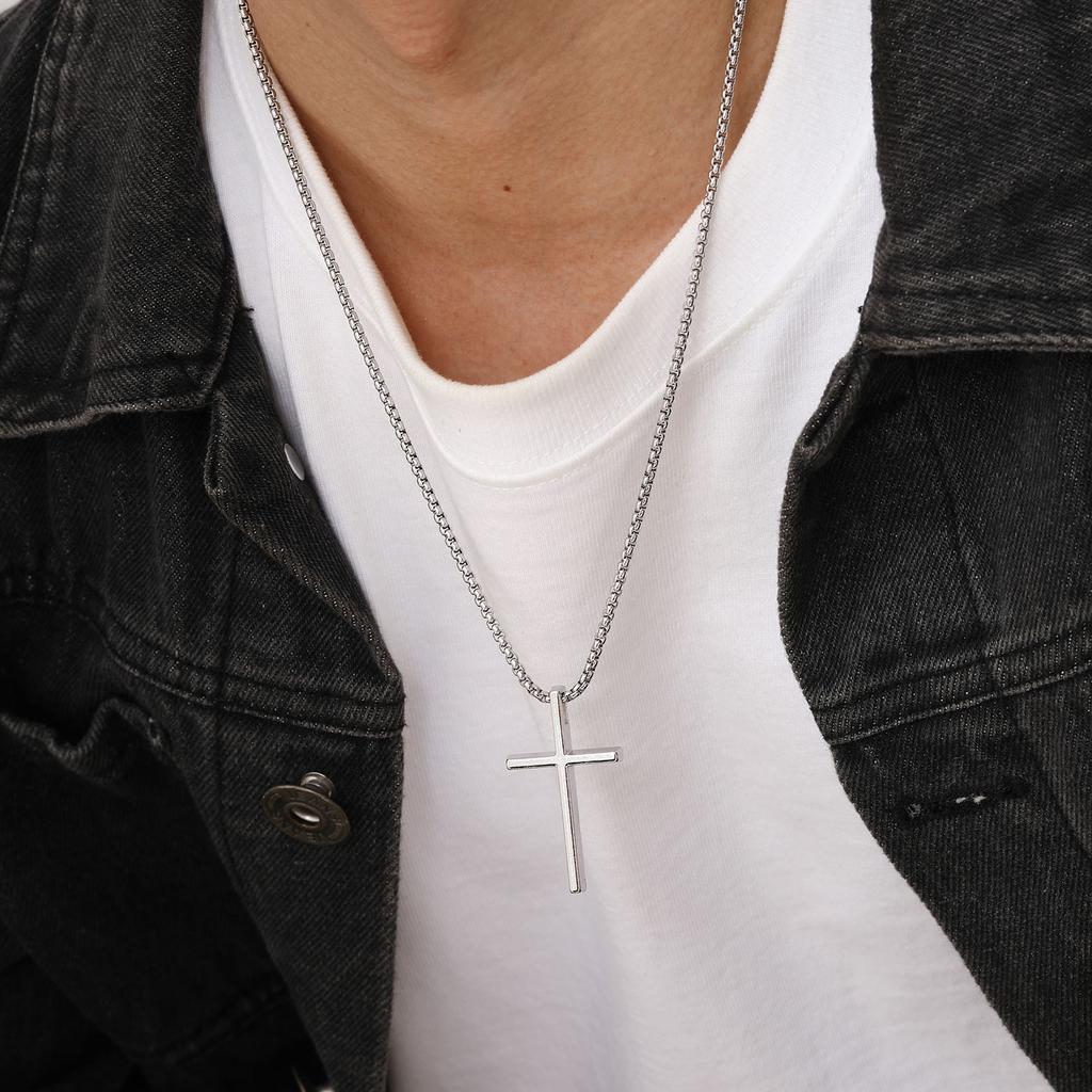Stainless Steel Cross Pendant Necklace for Men Women, Unisex Simple Religion Necklace, Fashion Jewelry Chain Length 60cm/55cm