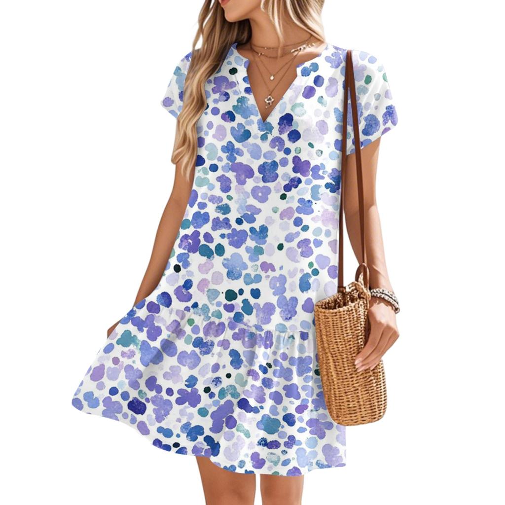 Damenkleider Kurzarm V-Ausschnitt Blumendruck Locker Lässig Temperament Strandkleider