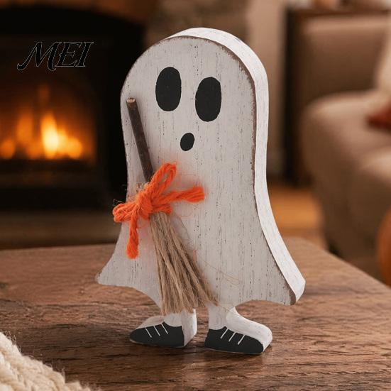 Handmade Fall Table Centerpieces Halloween Wooden Sign, Cute Ghost Witch Hat Bat Freestanding Tiered Holiday Party Accents Tray Ornament, Rustic