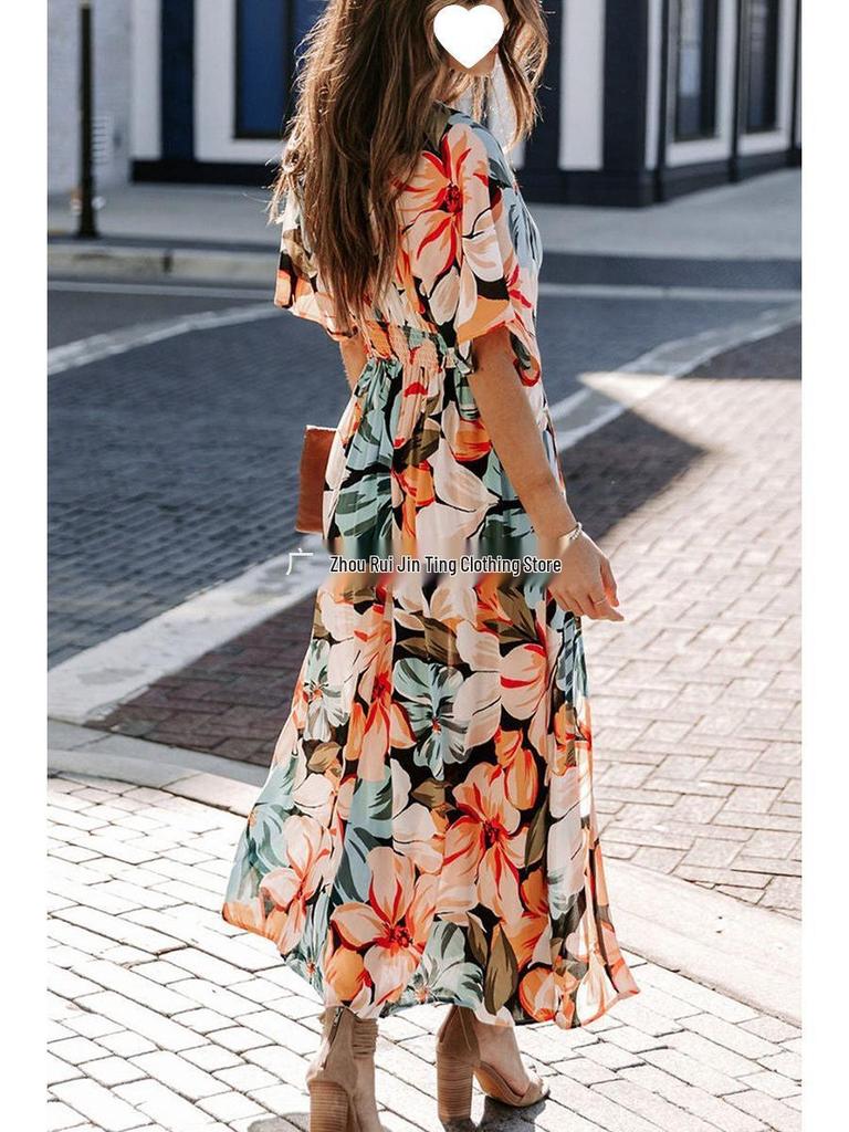 2026 Summer Floral V-Neck Dress: European & American Style, Slimming Fit for Women