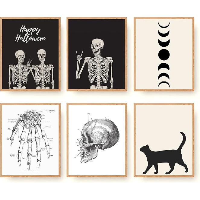 Набор из 6 жутких настенных принтов на Хэллоуин, холст для декора дома, винтажный черный кот, череп, скелет, фазы луны, смешной плакат для осеннего дома, спальни 8 x10  UNFRAMED