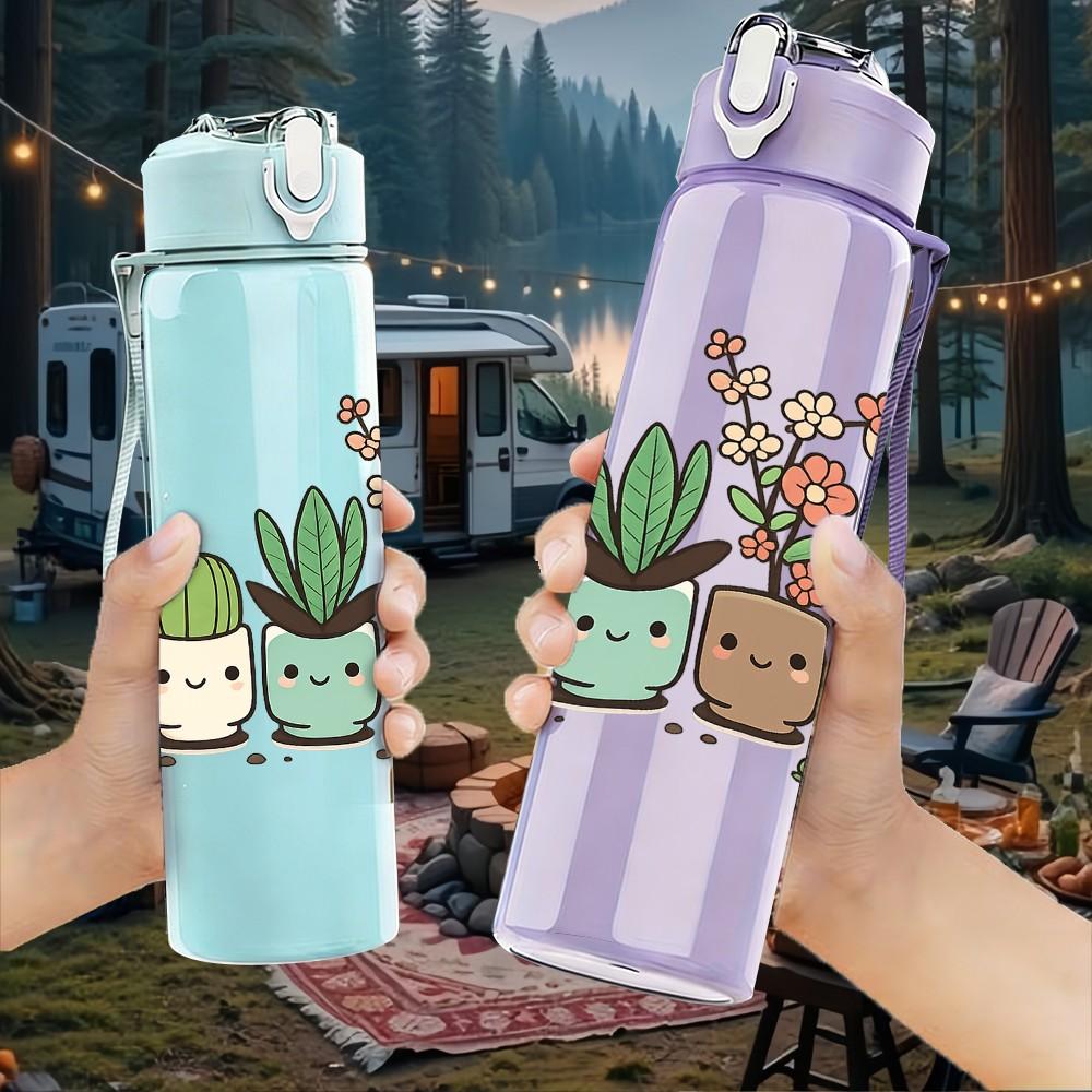 1PC Succulent Potted Cactus Print 750ml Color Plastic Sports Water Bottle Leakproof Flip Straw Lid Suitable for Sports Office Home Use