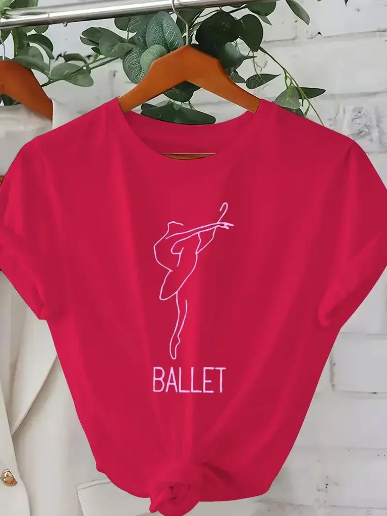 Fashion Tops Women's Elegant Ballet-Themed Graphic Tee Crew Neck T-Shirt with Dancing Figure Design Ballet Dancer T-Shirt