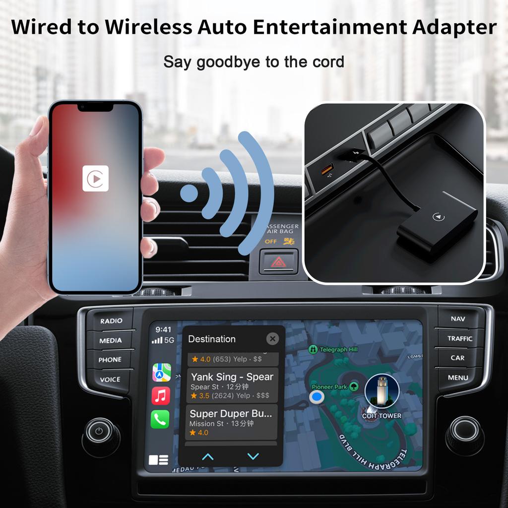 Wireless Car Media Adapter, 5GHz WiFi Car Wired to Wireless Auto Adapter Replacement for iPhone 6/ 7/ 8/ 11/ 12/ 13 All Models