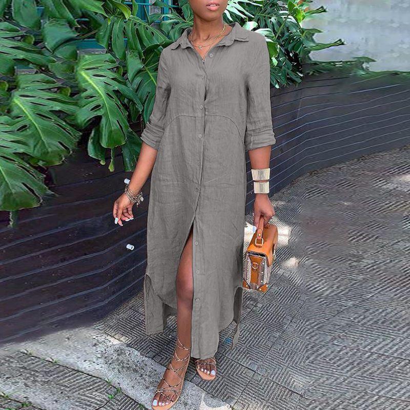 Cotton and Linen Button up Long Skirt Dress Cotton and Linen Button Dress