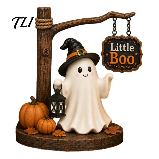 Autumn Home Decor Cute Ghost Figurine with Witch Hat, Resin Halloween Tabletop Decor, Little Whimsical Hat Boo Statue for Fall Office Shelf