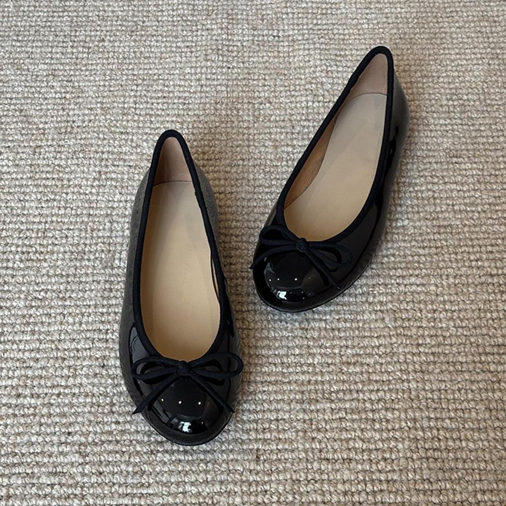 Leather retro gentle wind bow ballet shoes French silver round head flat bottom light mouth single shoes soft sole grandma shoes