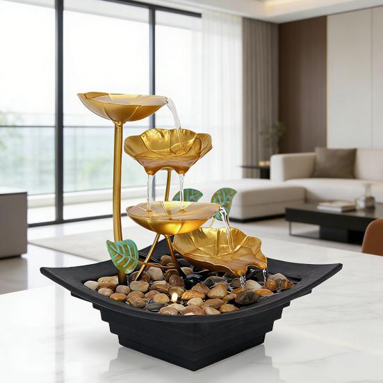 Golden Relaxation Tabletop Water Fountain with LED Light 4 Tier Lotus Small Desktop Waterfall Fountain with Rocks for Home Bathroom Bedroom Decor