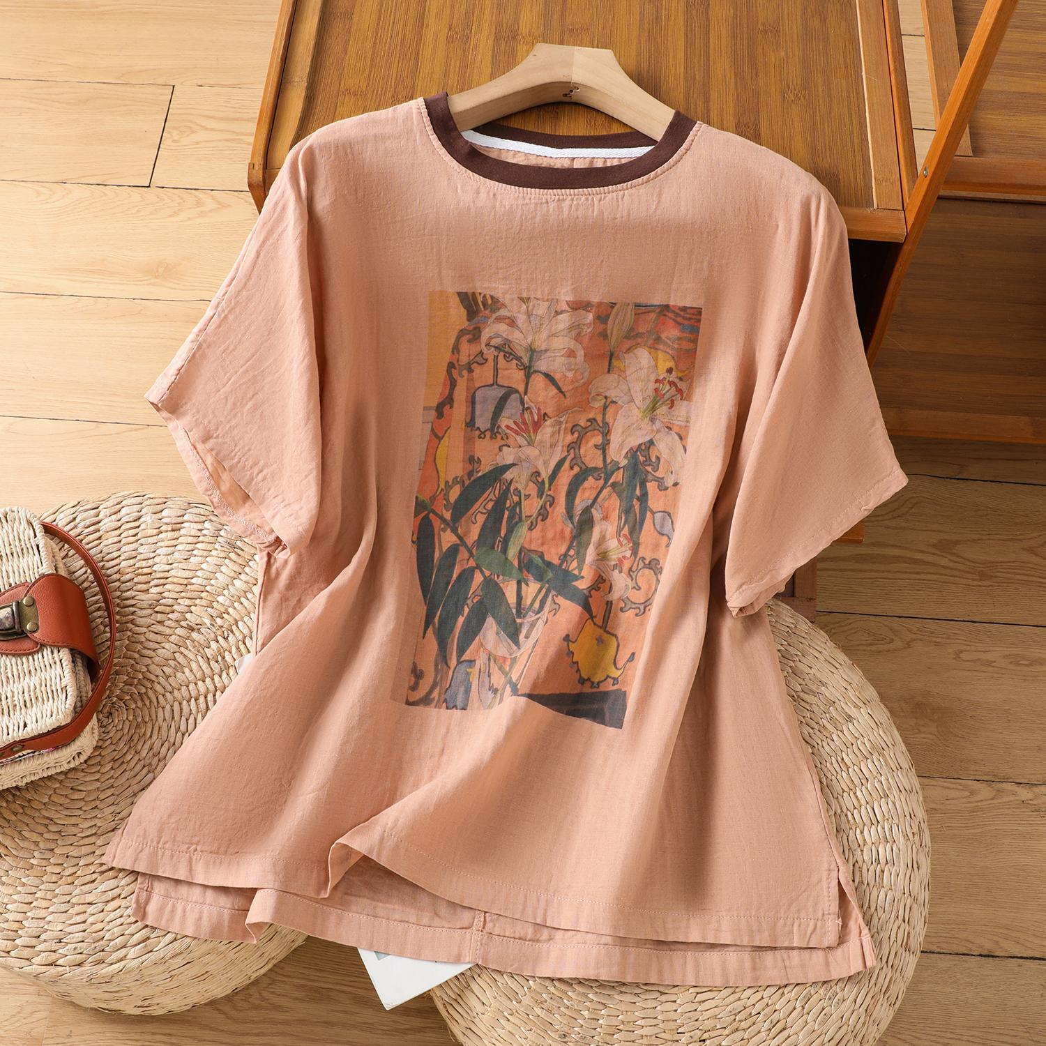 

DIMANAF 2025 Плюс Размер Лето Хлопок Футболка Женская Короткий Рукав Свободные Топы С Принтом Новые Футболки 2XL розовый