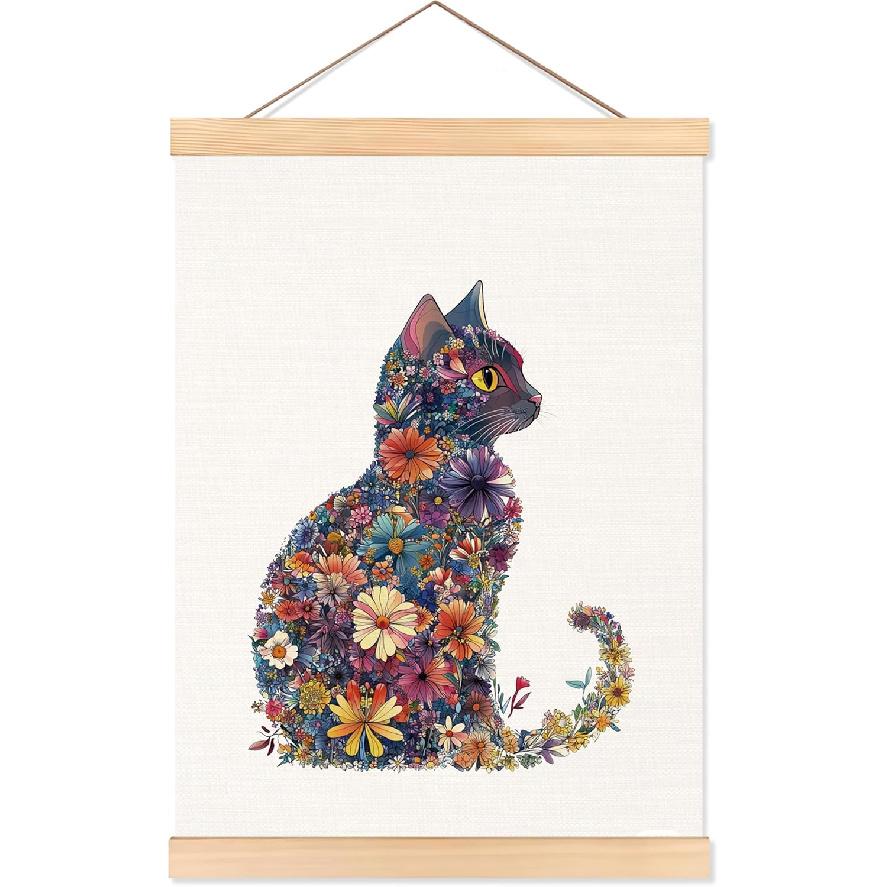 ROXMART Vintage Japanese Sushi Black Cat Poster Hanger Frame, Retro Edo Period Ramen Sushi Cat Wall Art Prints Decor for Kitchen Restaurant Home