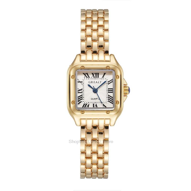 Orologi da polso al quarzo da donna di lusso con cinturino in lega d'oro, orologi quadrati alla moda, orologi da polso da donna con scala romana