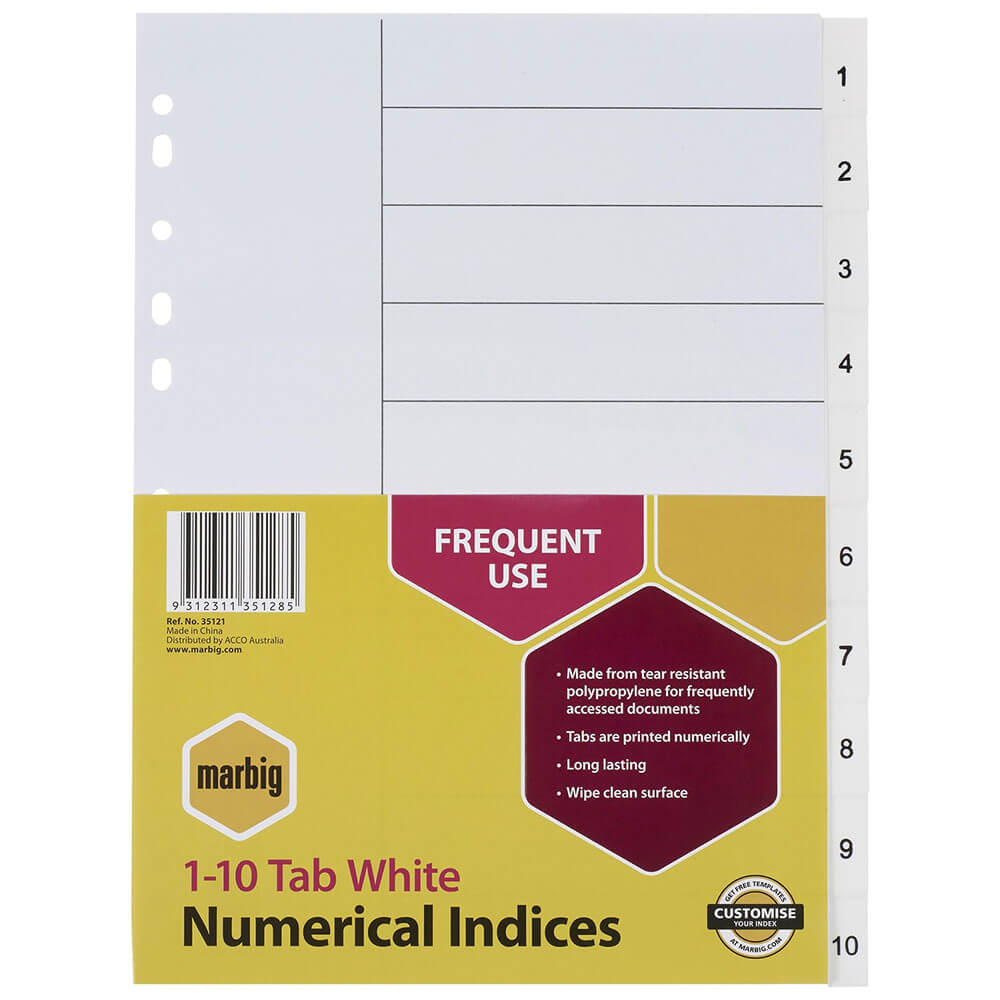 Marbig Numerische Register & Trennblätter A4 (Weiß) (1-10 Tab)
