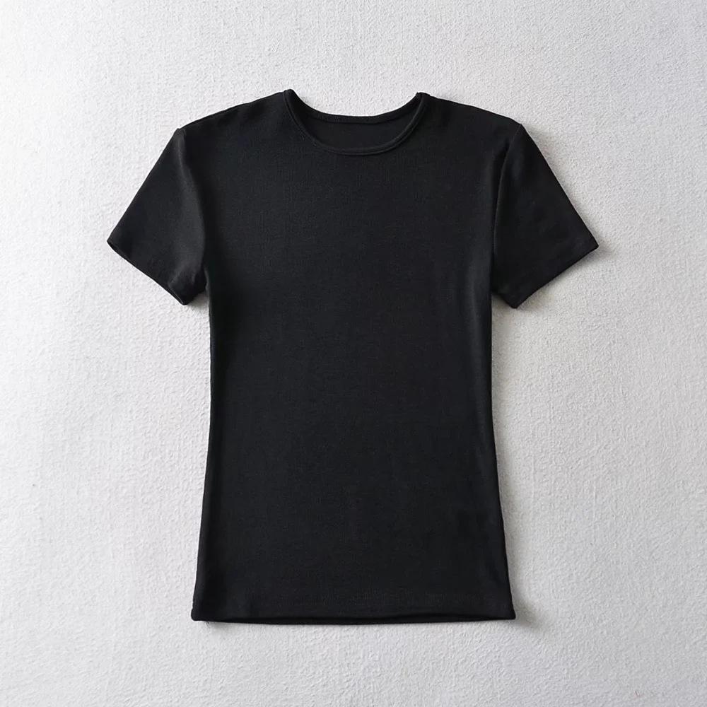 Europäisches und amerikanisches Damen-T-Shirt mit einfarbigem Slim-Fit-Retro-Kurzarm