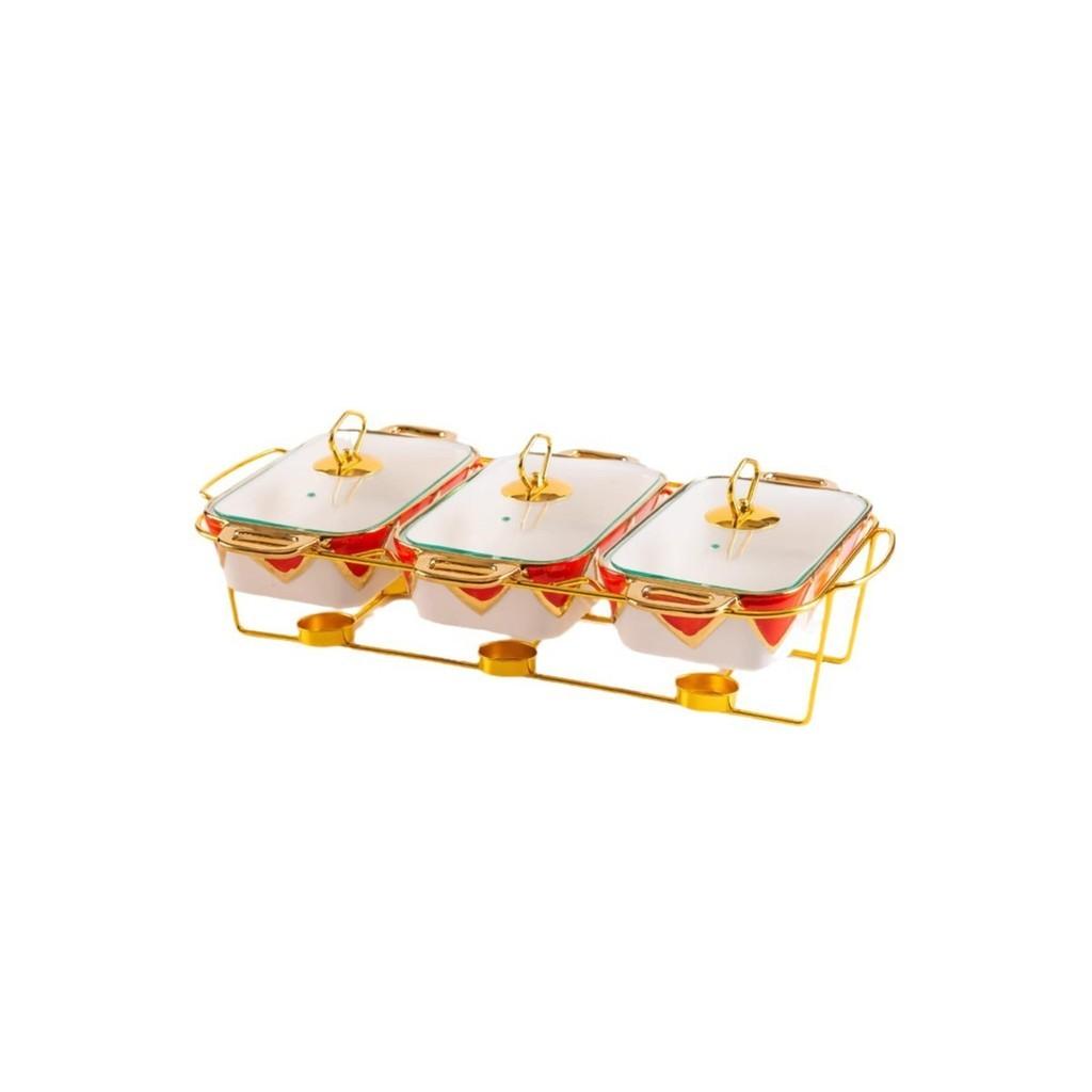 Three-grid Rectangular Ceramic Plate Soup Pot Metal Shelf Hotel Restaurant Hand-Colored Soup Pot Dry Pot Tableware Set
