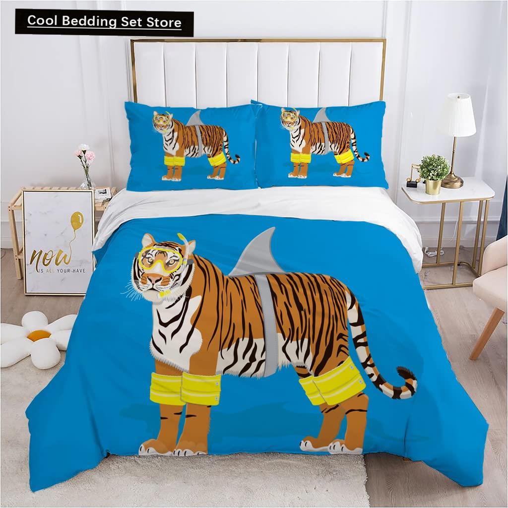 Cartoon Tiger Duvet Cover King Queen Animal Forest Theme Bedding Set for Kids Boys Girls Jungle Wildlife Polyester Quilt Cover
