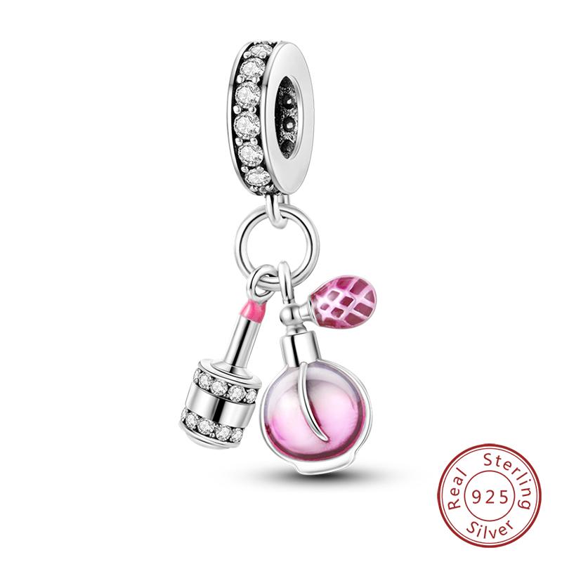 Sweet Romantic Princess Charms S925 Silver Pink Dress Lipstick High Heels Perfume Beads 3mm DIY Fine Jewelry Accessories