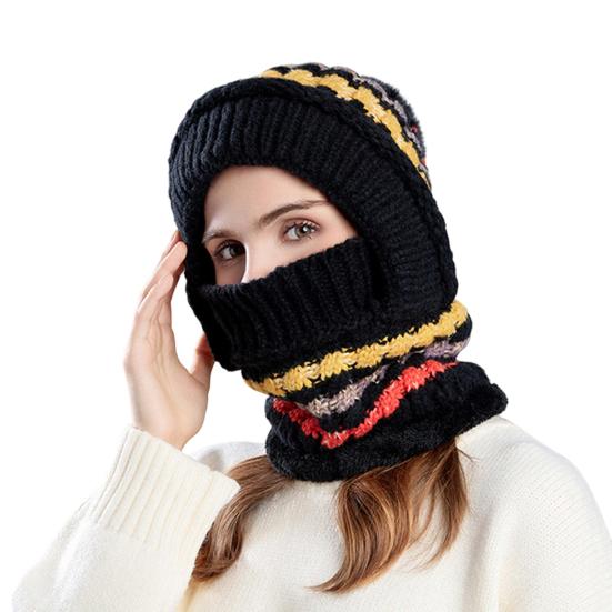 Women Hat with Long Scarf Full Face Guard Warm Knit Thermal Fleece Winter Ski Hat Patchwork Color Plush Ball Decor Cold Weather Headgear