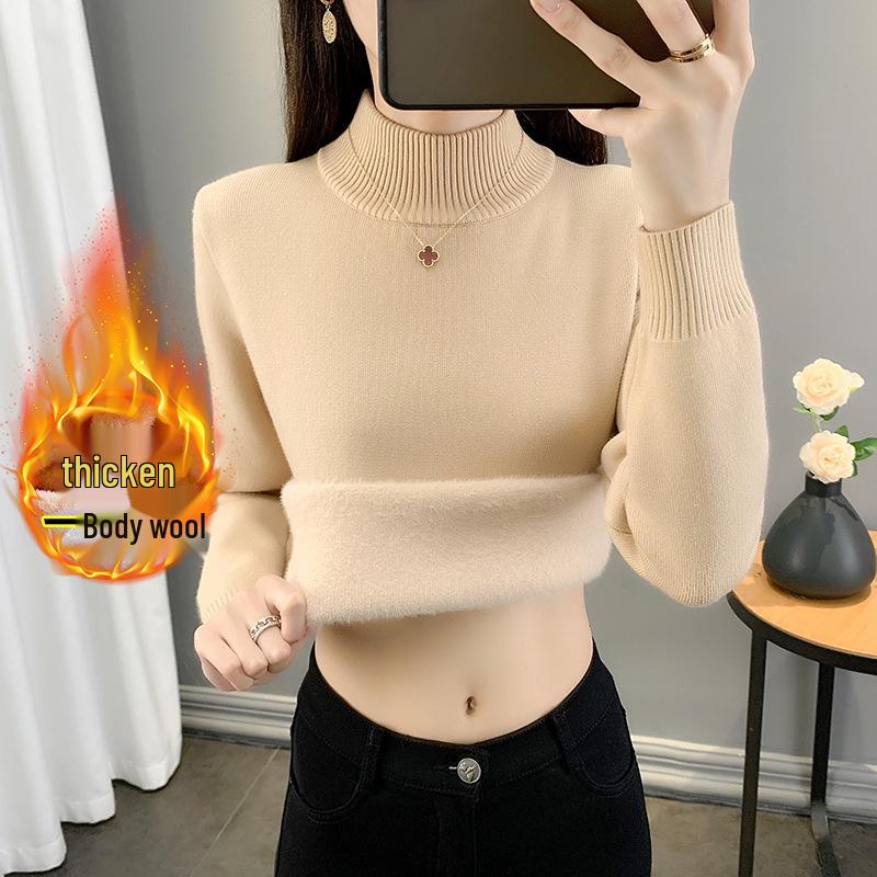 2025 Women's Fleece Knit Round Neck Sweater - Warm, Thick, Plus Velvet One-Piece Base Layer for Autumn/Winter