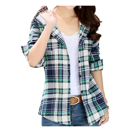 

Женская мода Свободная хлопковая рубашка с длинным рукавом в классическую клетку с капюшоном на пуговицах L зелёный