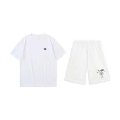 Logótipo Li Ning Moda Simples Confortável Respirável Pulôver de Gola Redonda Camiseta de Manga Curta Conjunto Esportivo Casual Tops Unissex Branco AHSU801-1+AKST593-7