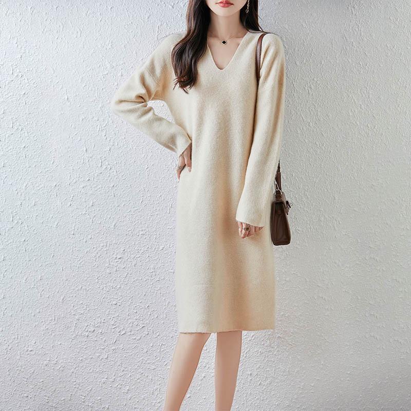 Women's V-Neck Pure Wool Knit Dress, Loose Fit, Mid-Length, Over-the-Knee - Autumn/Winter Collection