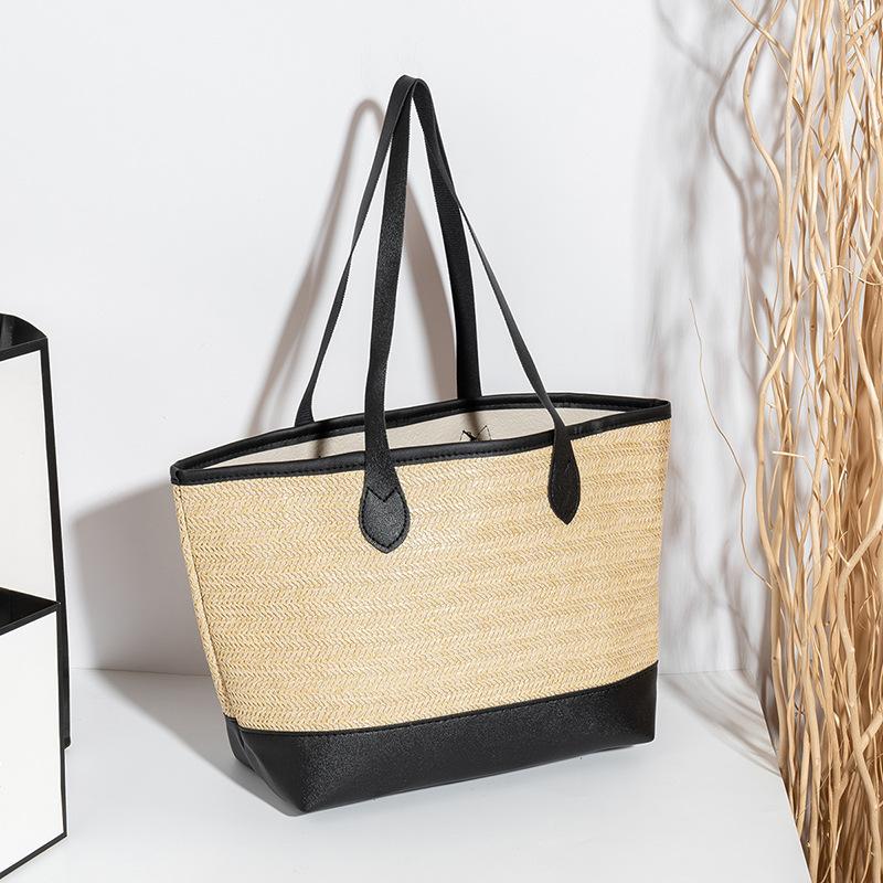 Casual and fashionable straw-woven contrasting color splicing tote women's bag, a new large-capacity light luxury women's bag.