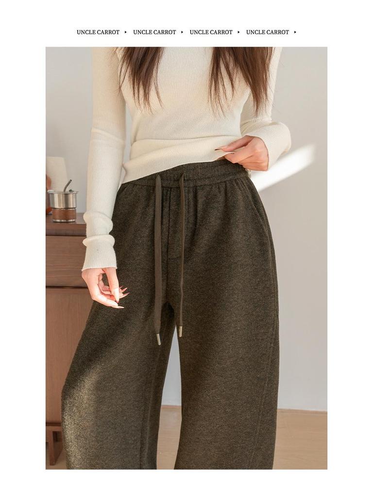 Women's Autumn/Winter 2025 Woolen Flannel Fleece-Lined Pants - Petite, Lazy, Thickened, Wide-Leg, Curved Leg Design.