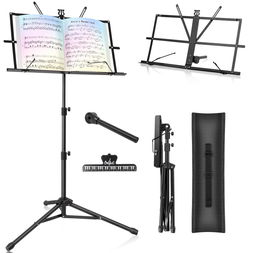 New Bee Folding Music Stand, Adjustable Height 70-135cm, Desktop Stand with Music Clip and Storage Bag, Black, MS21