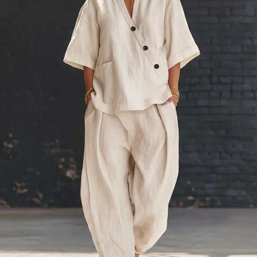 Women's Linen V-Neck Short Sleeve Top and Wide Leg Pants Set in 5 Colors