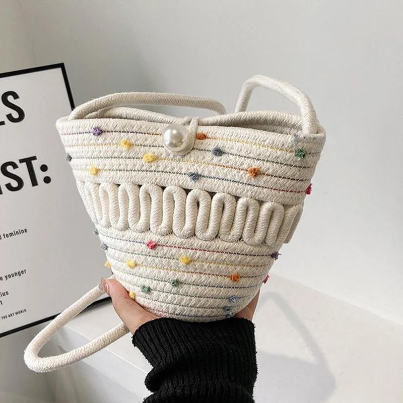 New Casual Cotton Woven Women Handbag Small Weaving Shelll Summer Beach Bag Shopper Tote Ladies Travel Shoulder Crossbody Bags