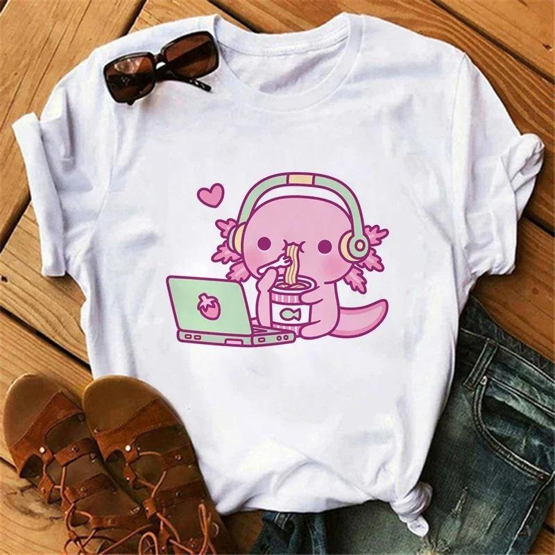 Funny Axolotl T Shirt Women Relaxolotl Kawaii Short Sleeve T-shirt Women's Clothing Summer Tops Y2k Casual Cartoon Graphic Tee