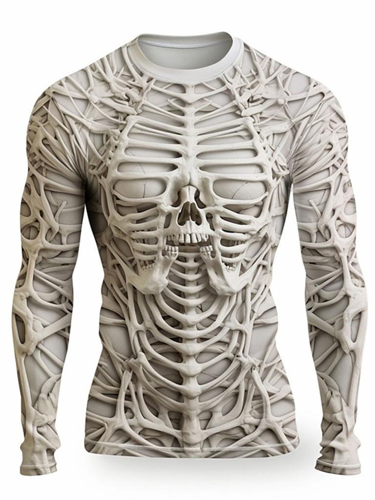 Lustiges Langarm-T-Shirt mit 3D-Totenkopf-Print für Herren, lässig, O-Ausschnitt, Baumwolle, lockere Oberteile, modische Kleidung mit menschlichem Knochenmuster, Herbst-T-Shirts