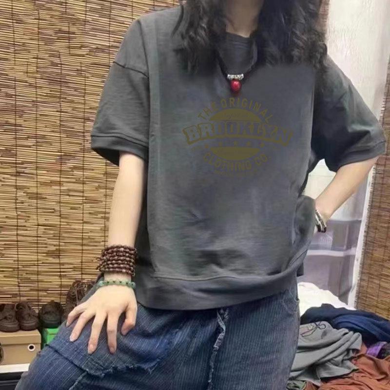 

Женская футболка свободного кроя из 100% хлопка с принтом, с коротким рукавом - Модный дизайн с рукавом до локтя большого размера 2XL (Recommended 140-160 jin)