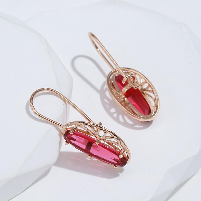 New Long Oval Red Natural Zircon Drop Earrings Fashion  Rose Gold Color Women Hollow Flower Earrings Vintage Jewelry
