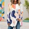 Women Plus Size Round Neck Long Sleeve Dark Blue Printed Loose High Low Hem Shirt