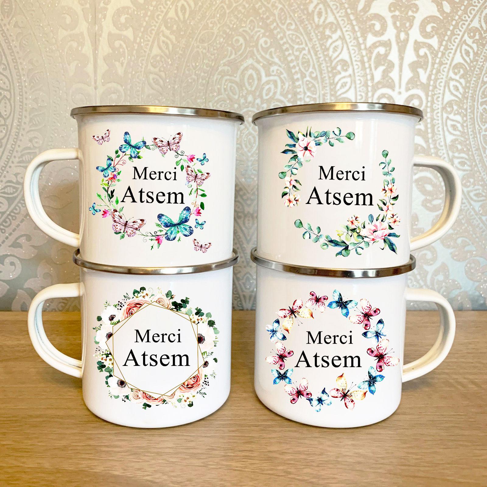 

French Thanks Atsem Print Enamel Mugs Creative Coffee Mug Drink Juice Milk Cups School Home Handle Drinkware Teacher Gifts