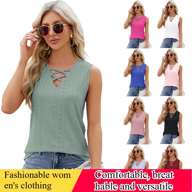 Europäische und amerikanische Tops Frühling und Sommer Damen Einfarbig Jacquard V-Ausschnitt Trägervest