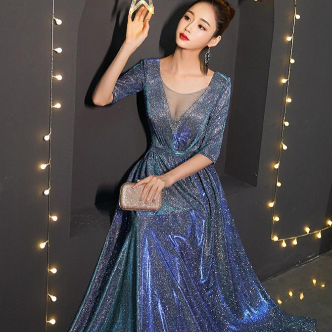 Blue Banquet Evening Dress Skirt Women's High-end Light Luxury Niche High-end Adult Ceremony Host Performance Dress