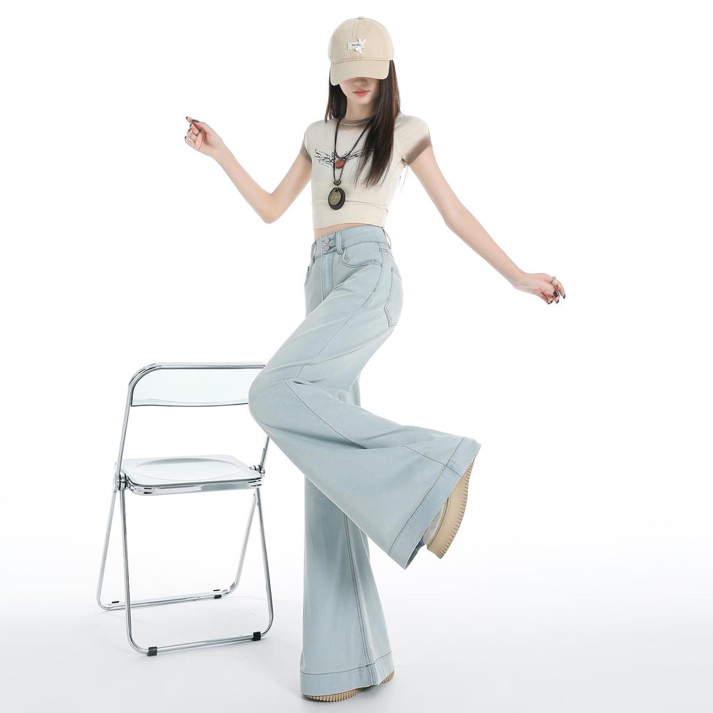 Helle Tiansi Schlagjeans mit weitem Bein für Damen Sommer Neu High-Waist Locker Drapierend Eisseide Gerade Bein Bodenlange Hose