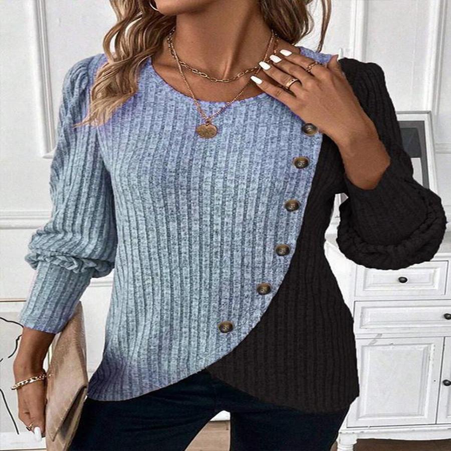 New Style Round Neck Color Block Hole Knit Long Sleeve T-Shirt for Spring and Autumn
