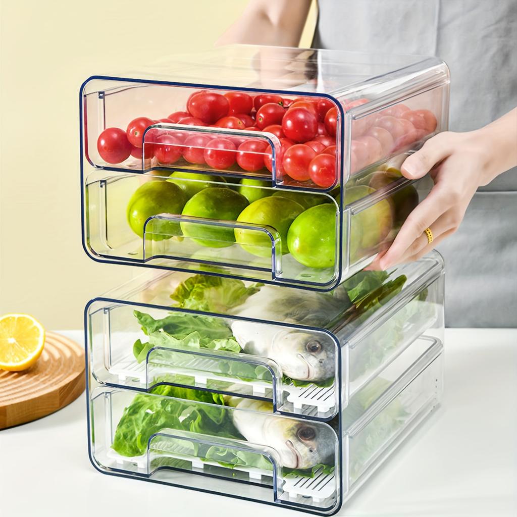 1pc Large Capacity Egg Holder for Refrigerator - Clear Double Layer Drawer Type  Box with Removable Egg Tray and Drain Tray