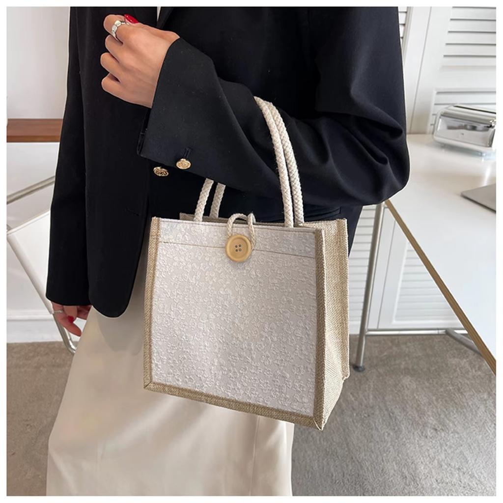 Linen Button Zipper Handbag Large Capacity Grocery Bag Women Stylish Beach Organizer Portable Shopping Tote Bag