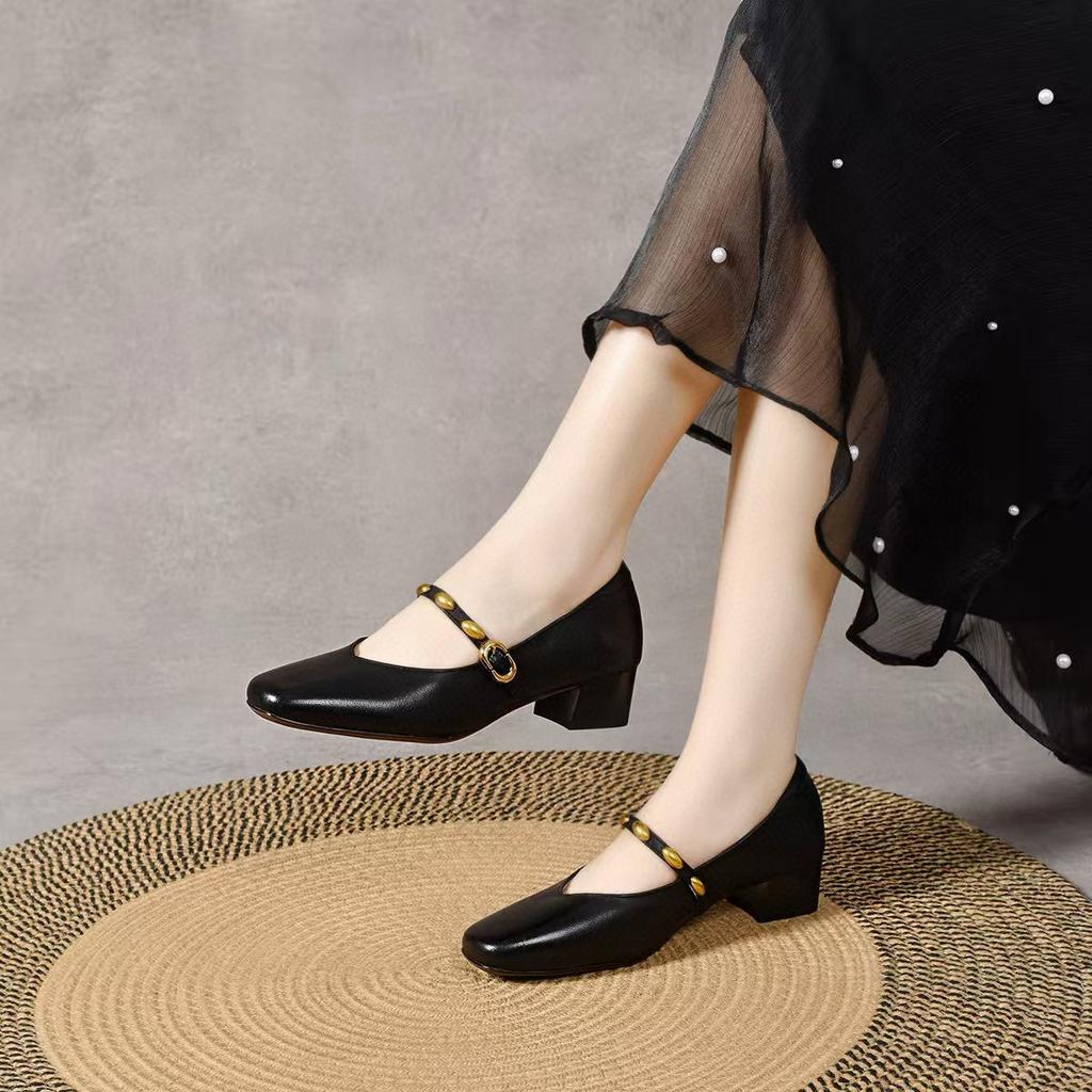 Square head thick heel Mary Jane shoes one-button golden beans shallow mouth single shoes women's medium heel cowhide high heels