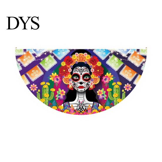 Colorful Cemetery Memorial Flag Day of The Dead Skull Bunting Banner, Marigold Print Fiesta Yard Sign Hanging Flag, Sugar Outdoor Party Decor