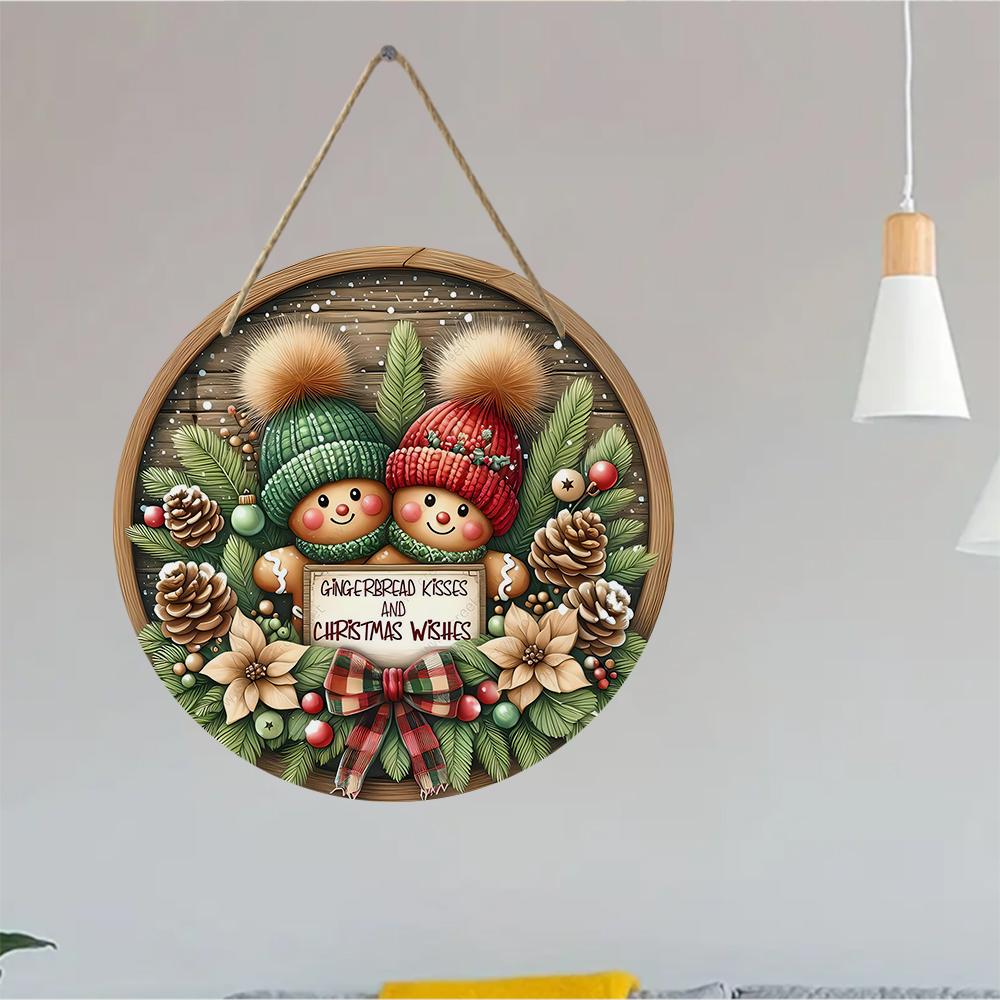 Gingerbread couple Christmas decor Round Wooden Hanging Plaque festive wall sign rustic holiday ornament for front door home party supplies