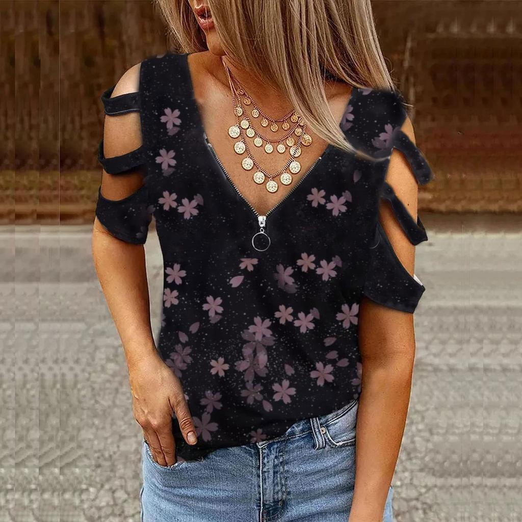 Modisches, lockeres, bedrucktes, schulterfreies, kurzärmliges Oberteil mit V-Ausschnitt und Reißverschluss für Damen