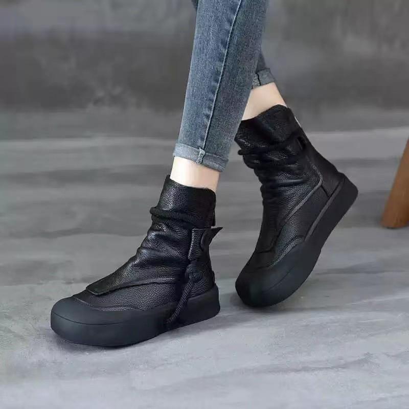 Fashion Women Handmade Retro Roman Ankle Boots Women Genuine Woman Back Zipper Comfort Trend Casual Short Booties High Top Walking Shoes